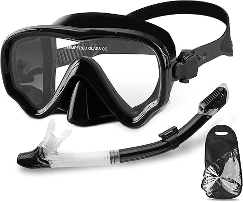 BOMCET Equipo de esnórquel seco para adultos, lente panorámica de vidrio templado antifugas y antivaho, juego de esnórquel ajustable, kit de