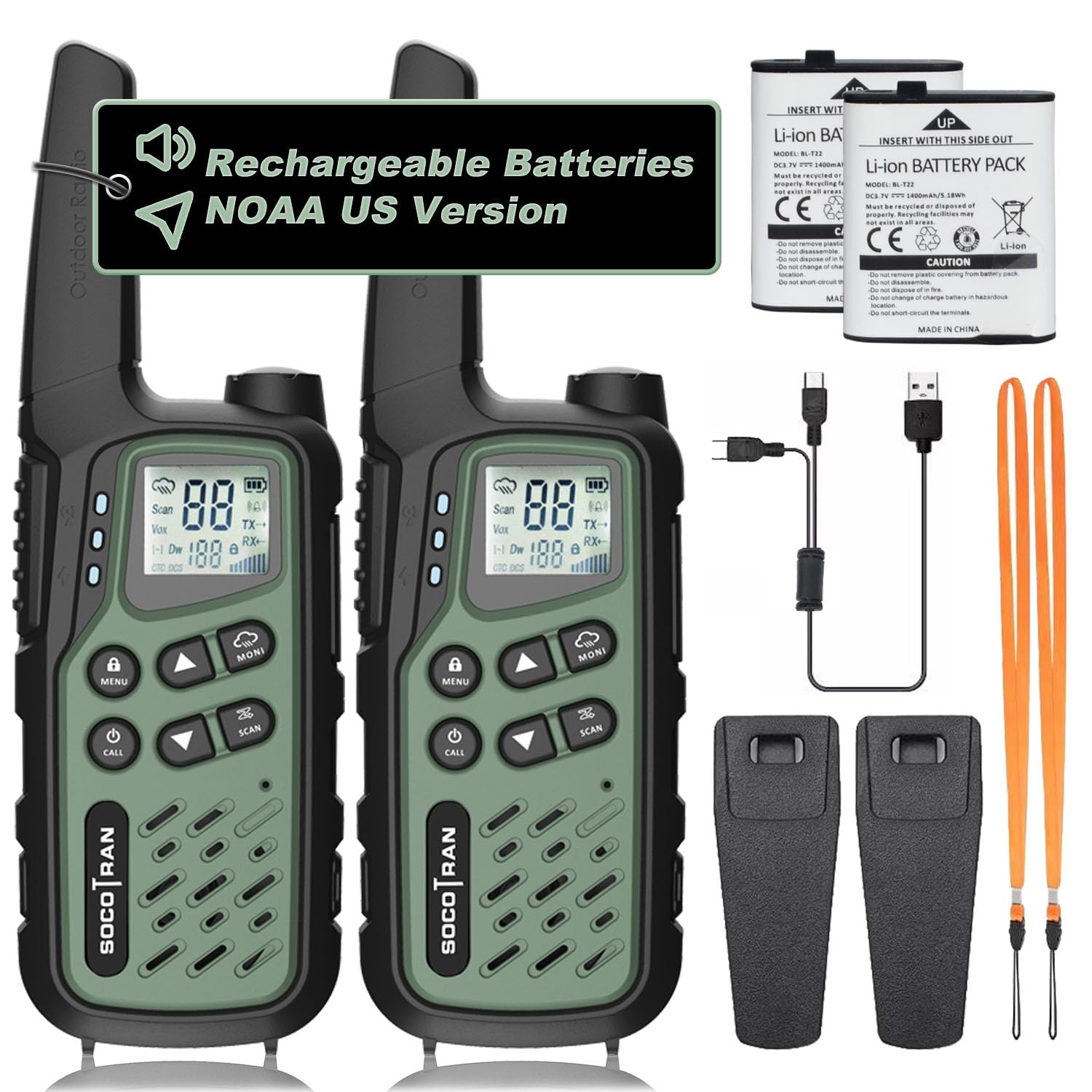 SOCOTRAN TH25 Rechargeable Walkie Talkies for Adults,2Pack FRS Walkie Talkies Rechargeable 3 Miles with Type-C Charging Cable,Flashlight,NOAA Two Way Radio for Outdoor,Family,Camping (Green)