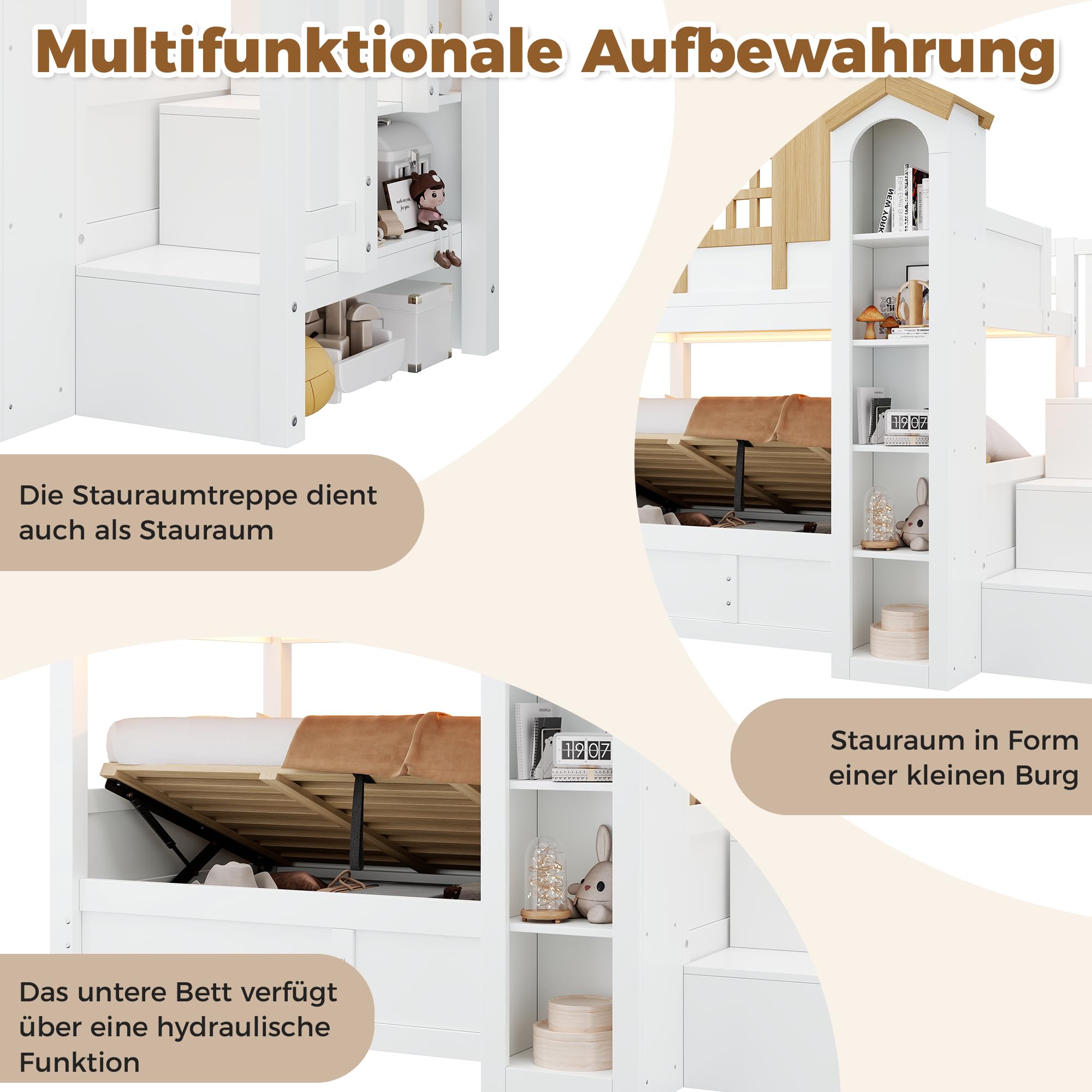 Litera Doble 90x200 cm con Cama Inferior Hidráulica y Escalera con Compartimentos, Cama con Almacenaje de Pino y MDF, Cama Casa con Somier para Dormitorio Juvenil