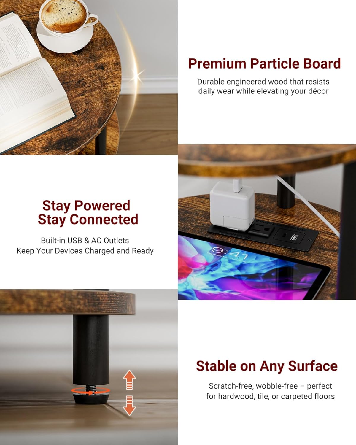 Small Round End Table - 3 Tier Design Accent Table, Narrow Side or Bedside Stand, Industrial Vintage Table for Small Spaces, Built-in USB Ports and Power Outlet, Rustic Brown