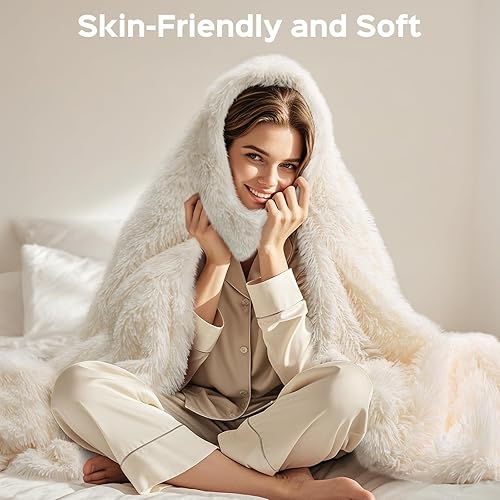 Miniatura 4 de KANKAEU Manta de piel sintética tamaño individual de 60 x 80 pulgadas, manta color crema para sofá, mantas y mantas suaves reversibles, manta