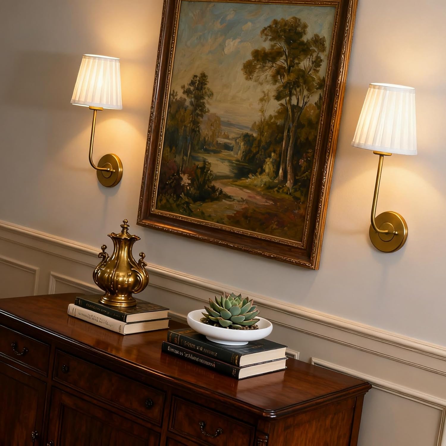 Pathson White Pleated Fabric Wall Sconces Set of 2, Hardwired Bathroom Vanity Lights Curved Arm, Vintage Wall Painting Lamp Decor for Living Room Bedside Lighting