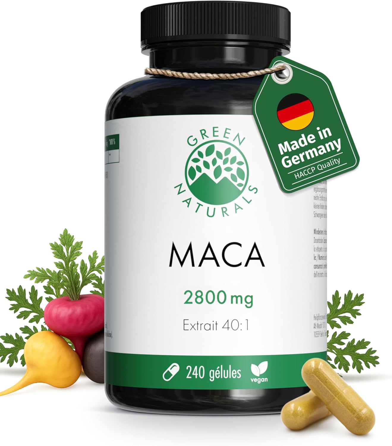 3-in-1 Maca Complex Black-Red-Gold – High Dosage: 112.000 mg Maca Powder (2.800 mg Extract (40:1)) – Stock for 2 Months – Vegan & Lab Tested – Green Natural