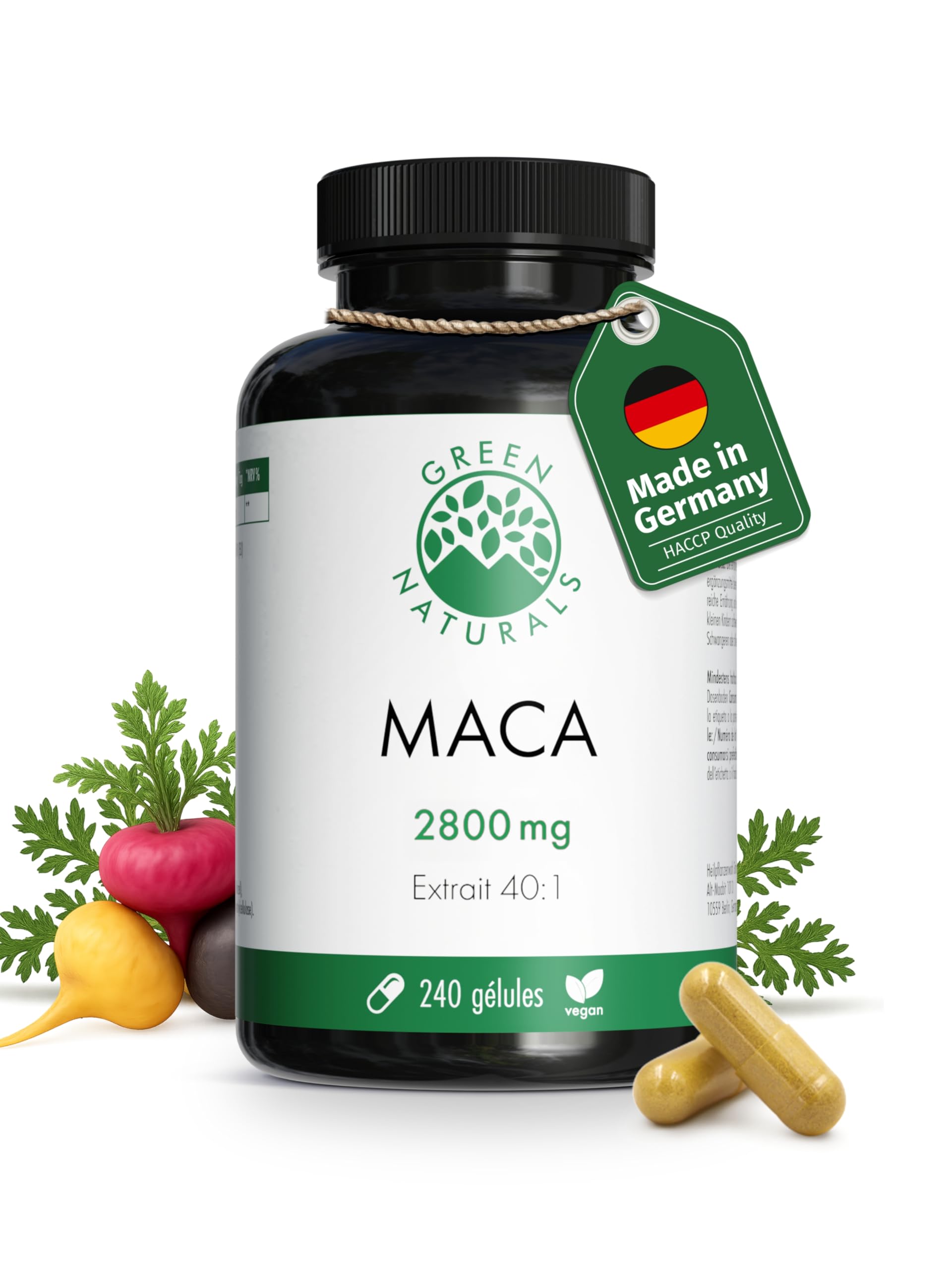 Green Naturals Maca Noir-Rouge-Jaune 40:1 – 2 800 mg extrait – 240 gélules | Équivaut à 112 000 mg de maca · Vegan · Cure de 2 mois · Testé en laboratoire