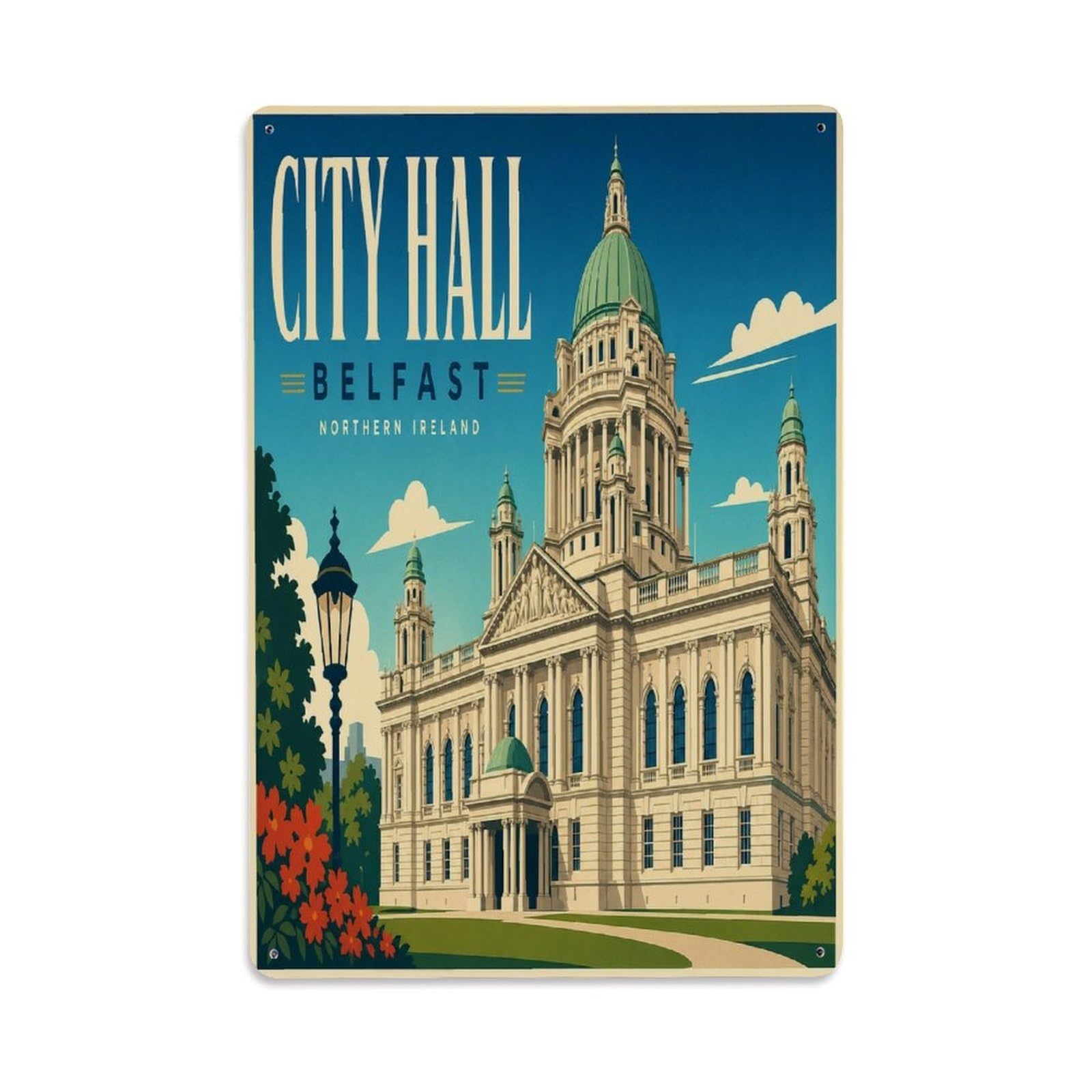 Belfast Northern Ireland City Hall Civic Landmark Metal Tin Sign Plaque Wall Decor for Cafe, Man Cave, Club Bar, Office, Home Garden Round Metal Poster 8x12Inch