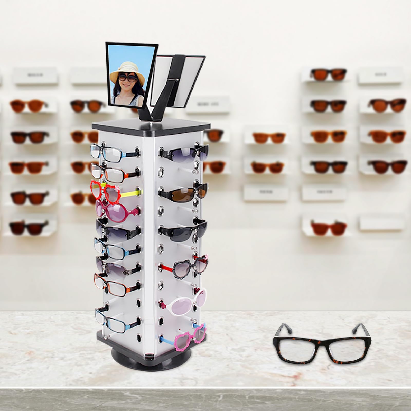 Retail 44 Pairs Glasses Sunglass Display Stand Holder, 360° Rotating Glasses Display Stand, Rotating Sunglass Stand Glasses Display Rack, Glasses Holder Organizer with Mirror for 44 Pairs of Glasses