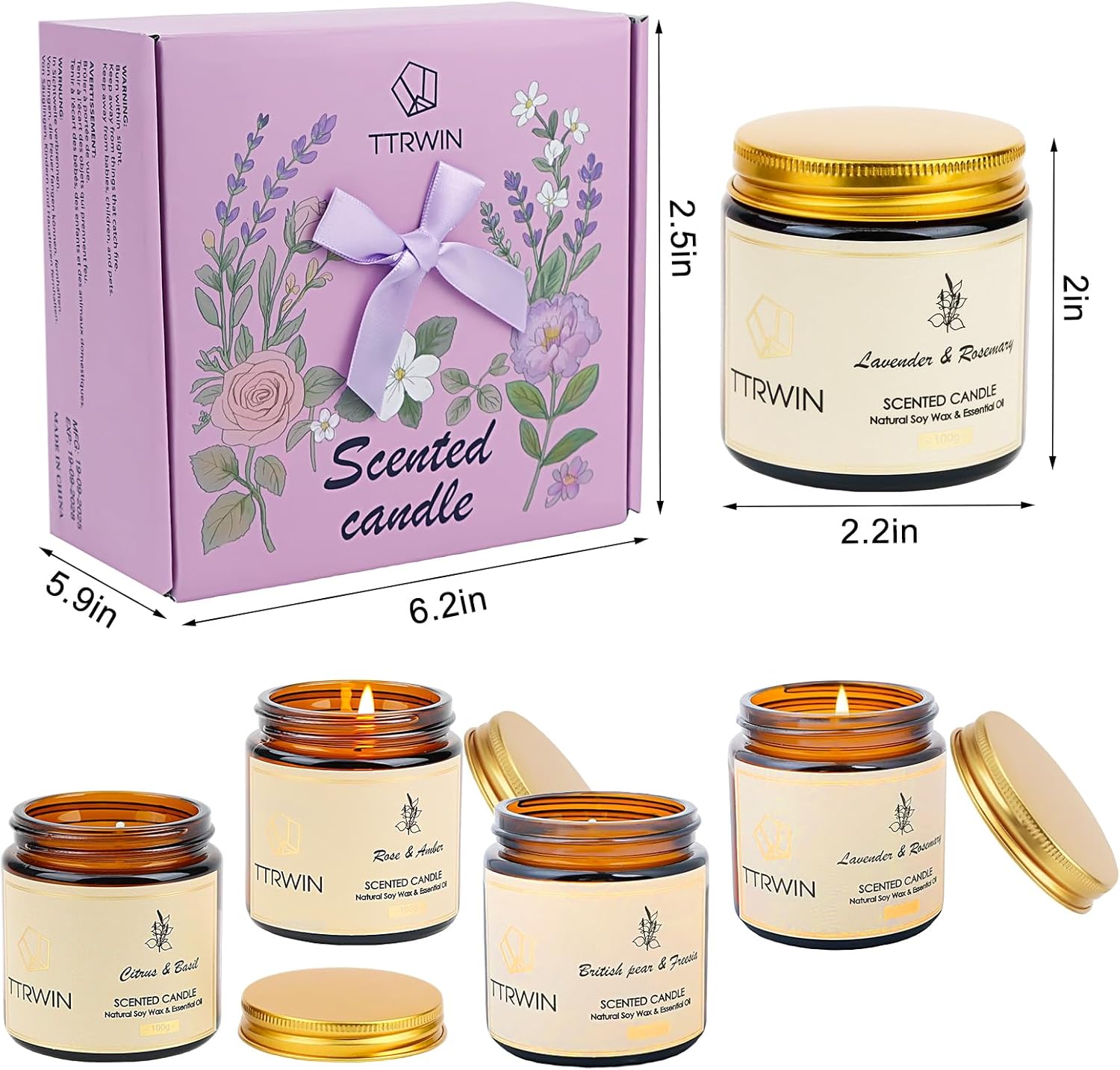 TTRWIN Scented Candles Gift Set, 4 Pick Natural Soy Candles: British pear & Freesia, Rose & Amber, Lavender & Rosemary, Citrus & Basil, Birthday Gifts for Women, Gifts for Mother's Day
