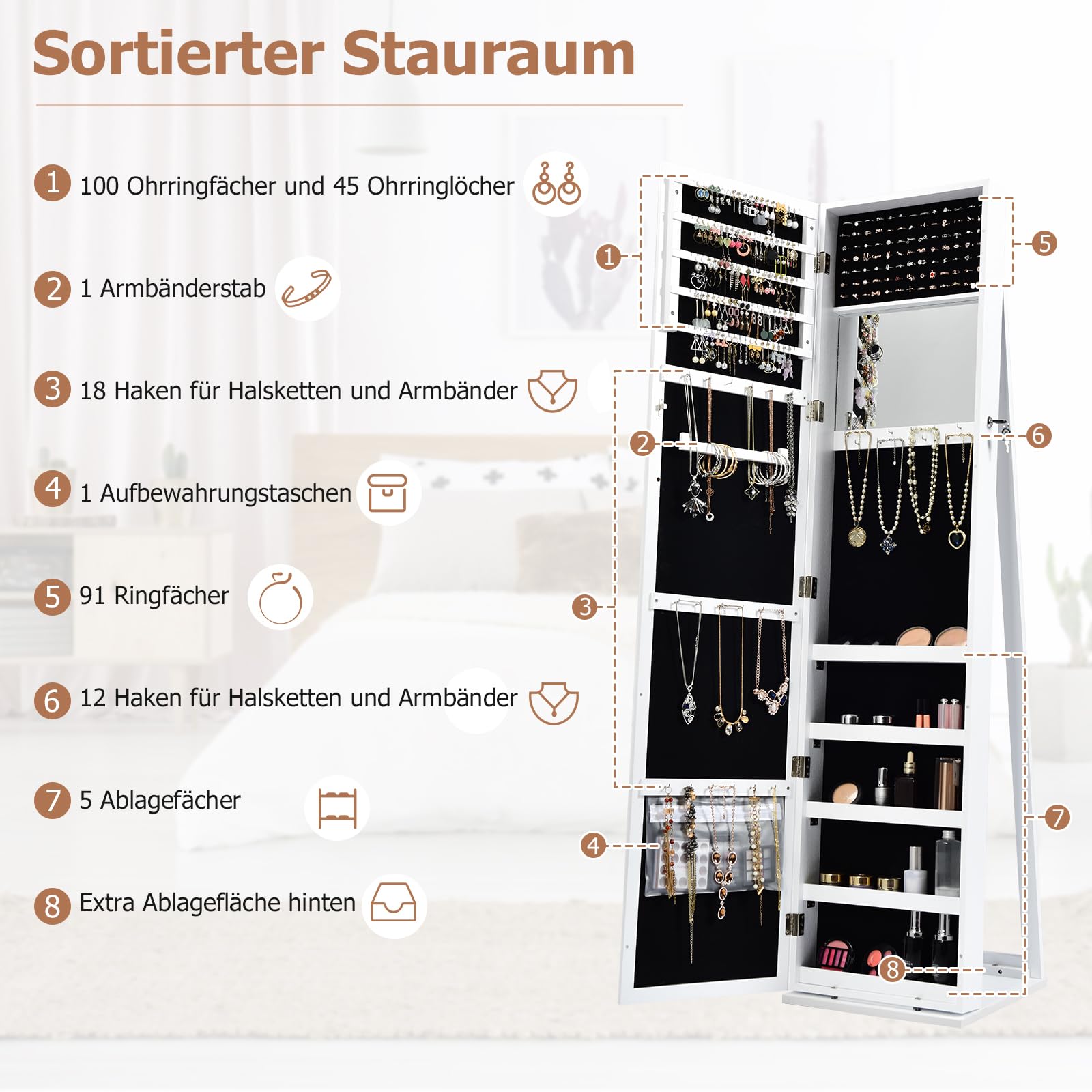 GOPLUS Schmuckschrank mit Spiegel, Spiegelschrank stehend mit großem Stauraum, Lagerregalen und Umkippschutz, Standspiegel Schmuck Organizer abschließbar für Schlafzimmer Wohnzimmer (Weiß)