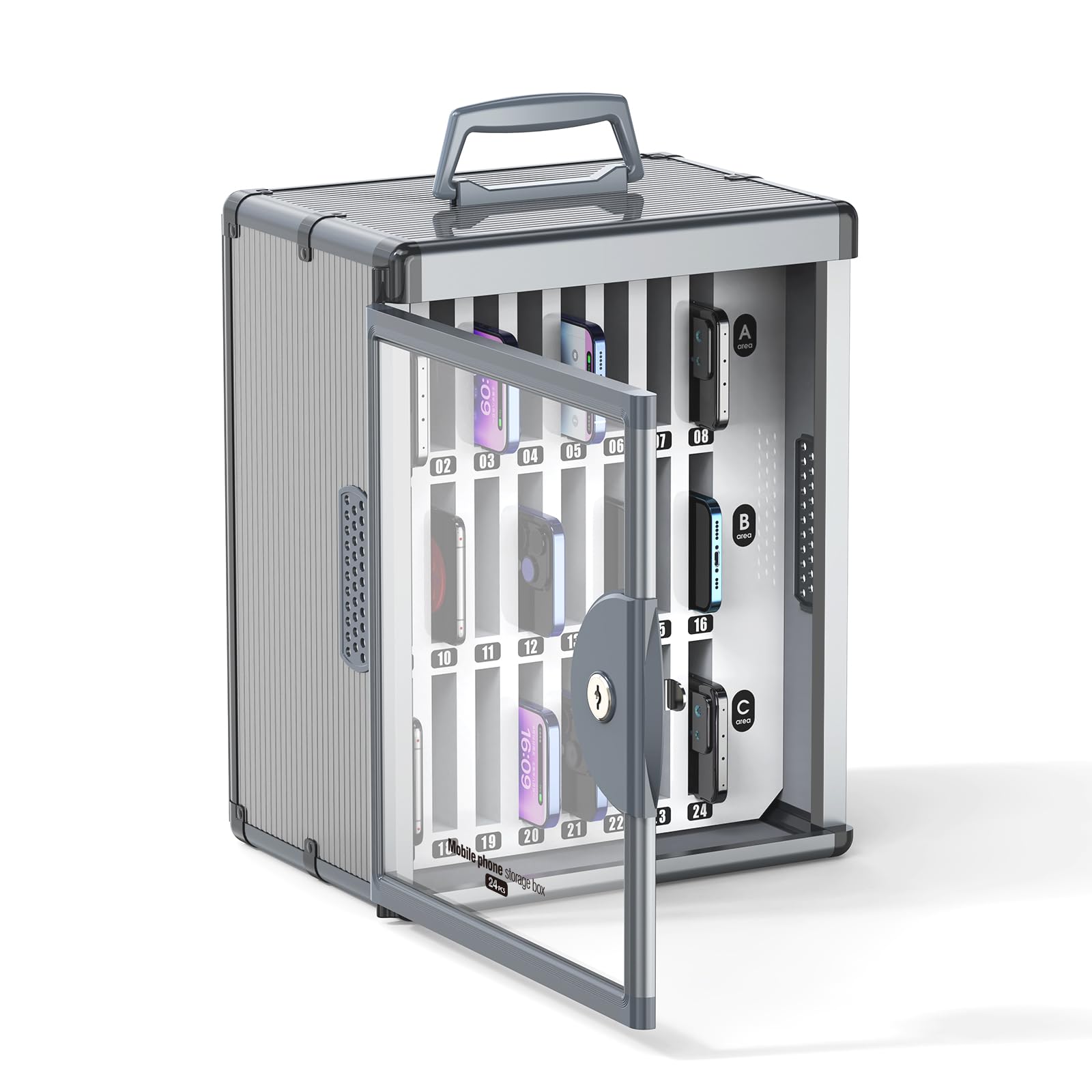 Glosen 24 Slots Cell Phone Locker, Portable Mobile Phone Storage Cabinet with Handle, Phone Lock Box Wall Mounted with Key for School Classroom Office Exam