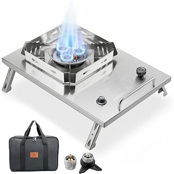 Camping Stove, Portable Foldable Stainless Steel Windproof Gas Stove with Electronic Ignition, Adjustable Flame, 25591 BTU Output, Includes Carry Bag, for IGT Table, Outdoor, Camping & Party Cooking