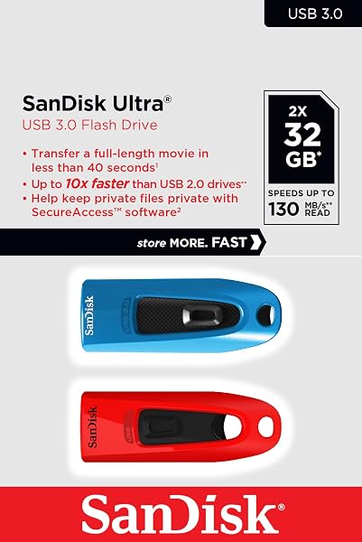 SanDisk Ultra 32 GB USB Flash Drive USB 3.0 Up to 130 MB/s Read - Twin Pack, Red/Blue - 2