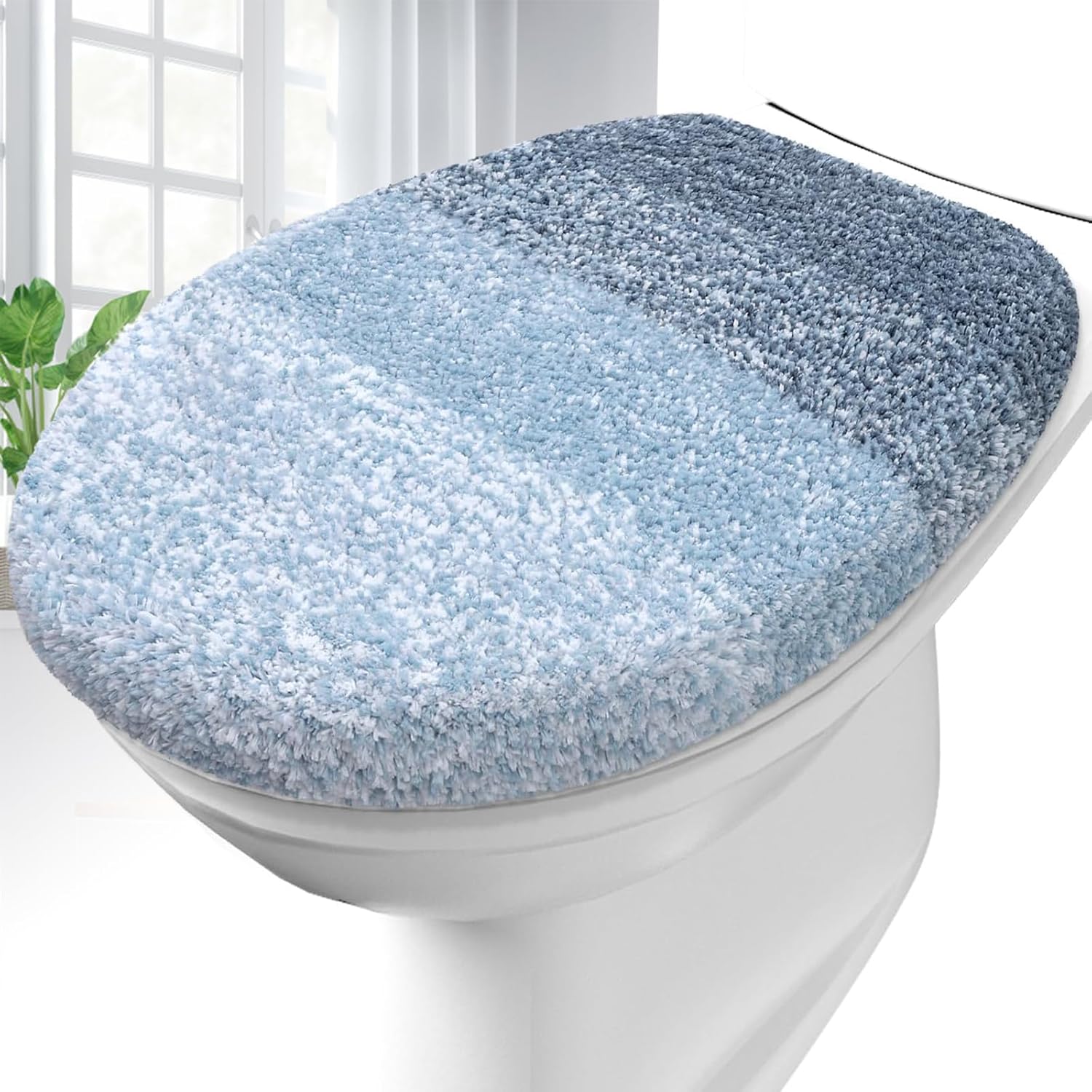 OLANLY Soft Microfiber Bathroom Toilet Lid Cover, Machine Washable Covers, 17.5x15, Stays in Place Rubber Backing, Fits Most Round, Elongated and Oblong Lids, Accessories Decor, Blue