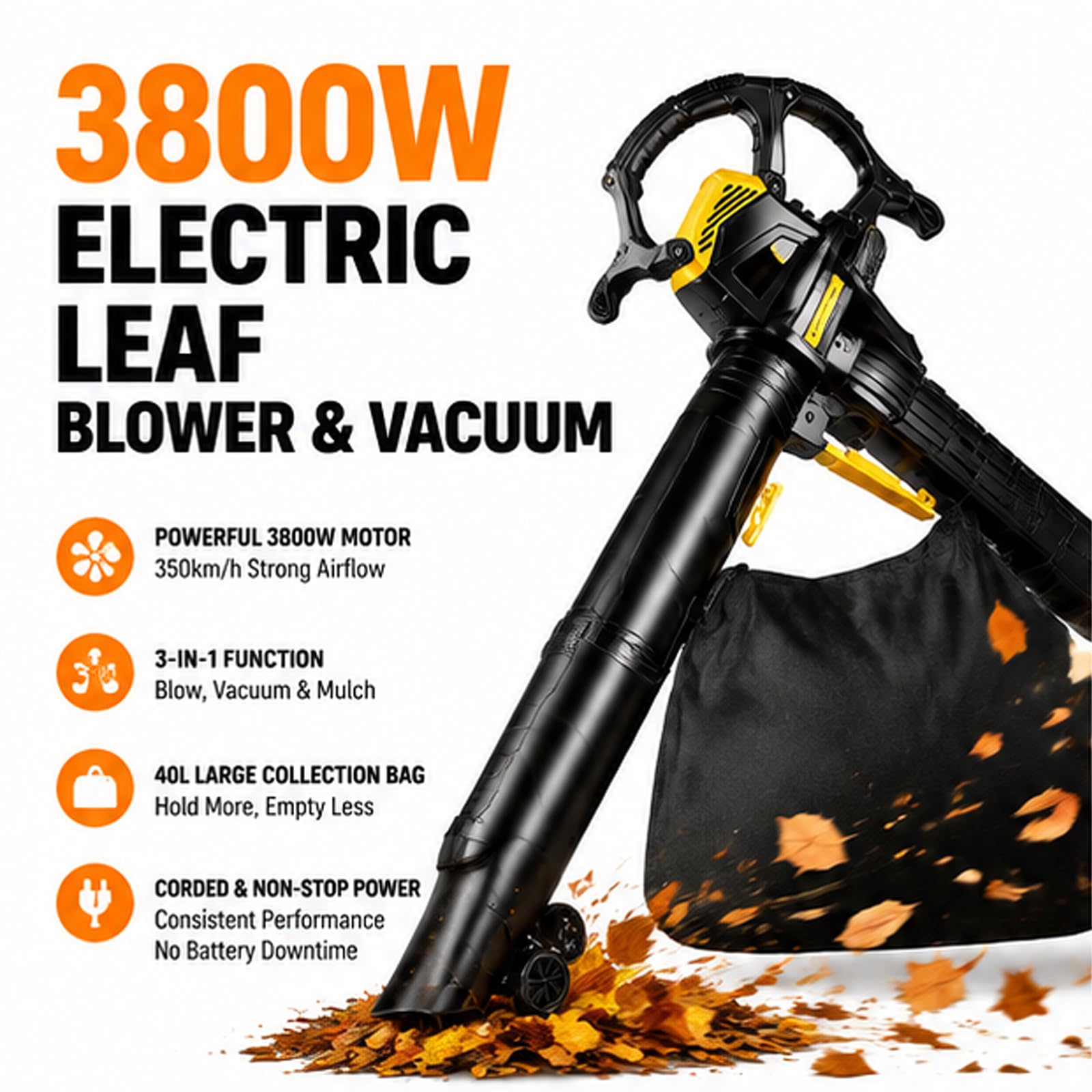 Soplador/Aspirador de Hojas eléctrico de 3800 W, Bolsa de Recogida de 40 L