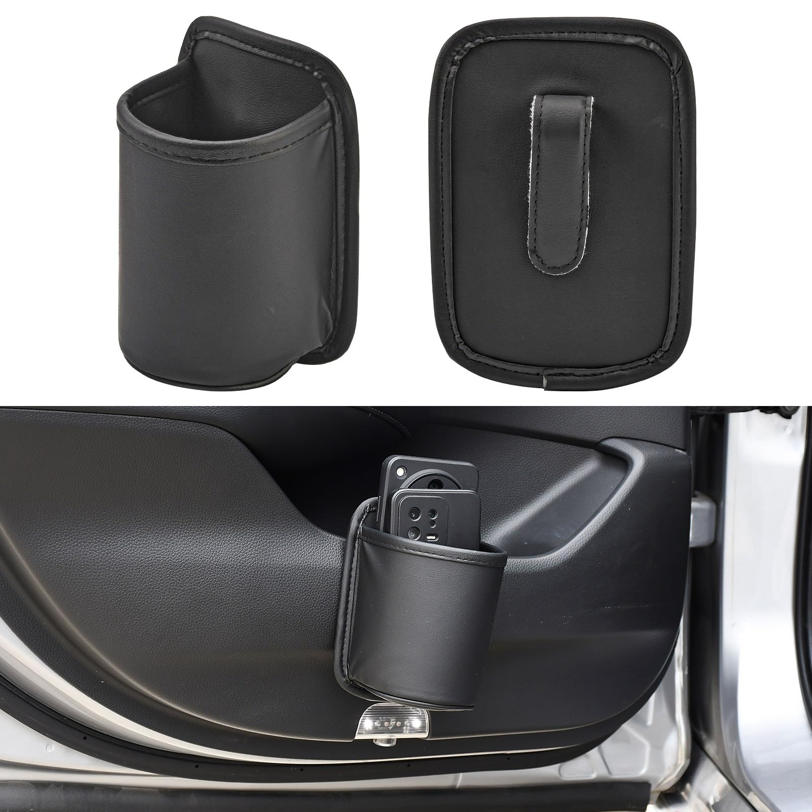 XhuangTech 2 Pack Large PU Leather Car Cup Holder for Door, Back Seat, Clip On Beverage Drink Holder Organizer for Water Bottle, Coffee Cup, Scratch-Resistant Black Auto Accessories for SUV Truck