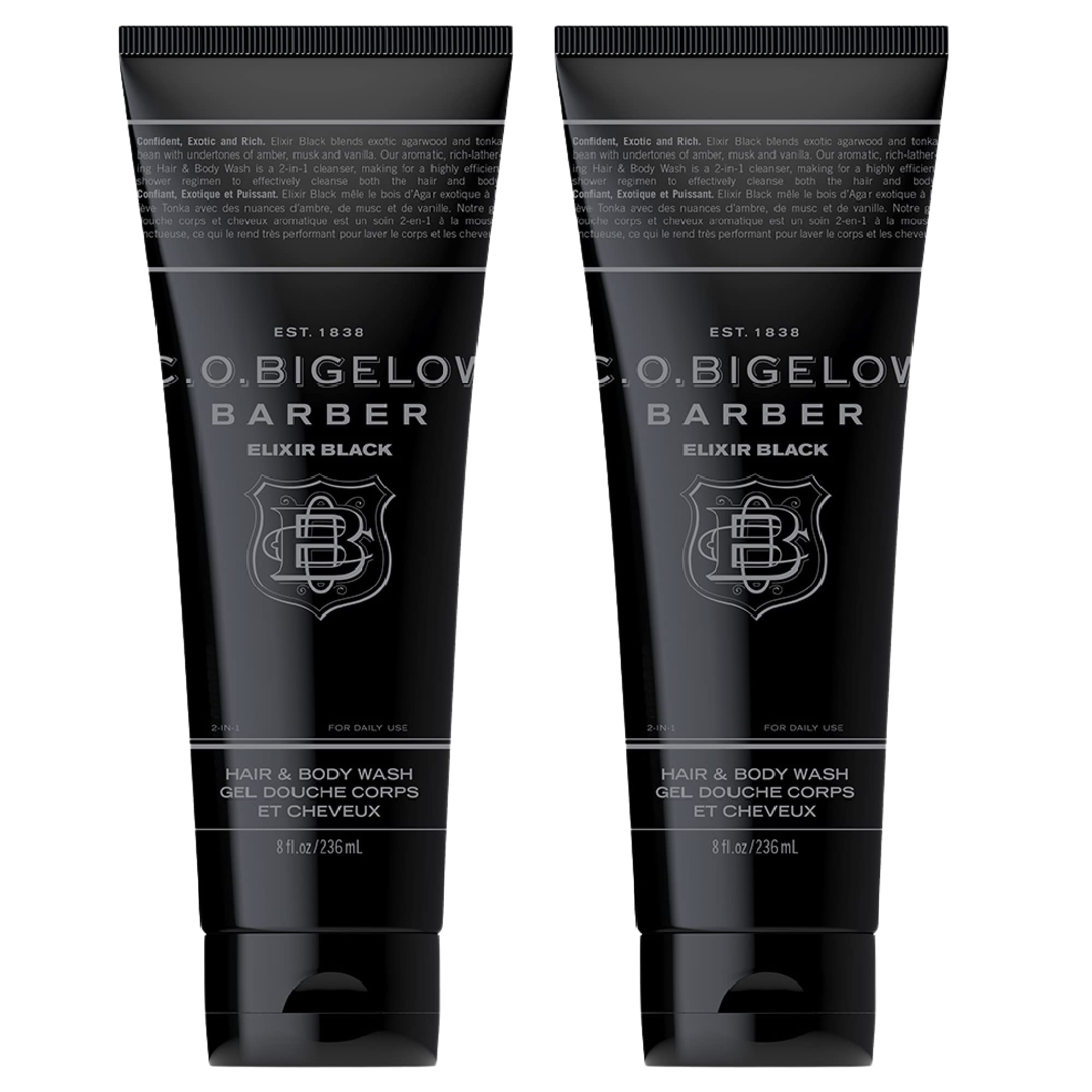 C.O. Bigelow Elixir Black Hair & Body Wash for Men, Pack of 2 Musk & Vanilla Scented Men's 2 in 1 Shampoo & Body Wash, 8 Fl Oz