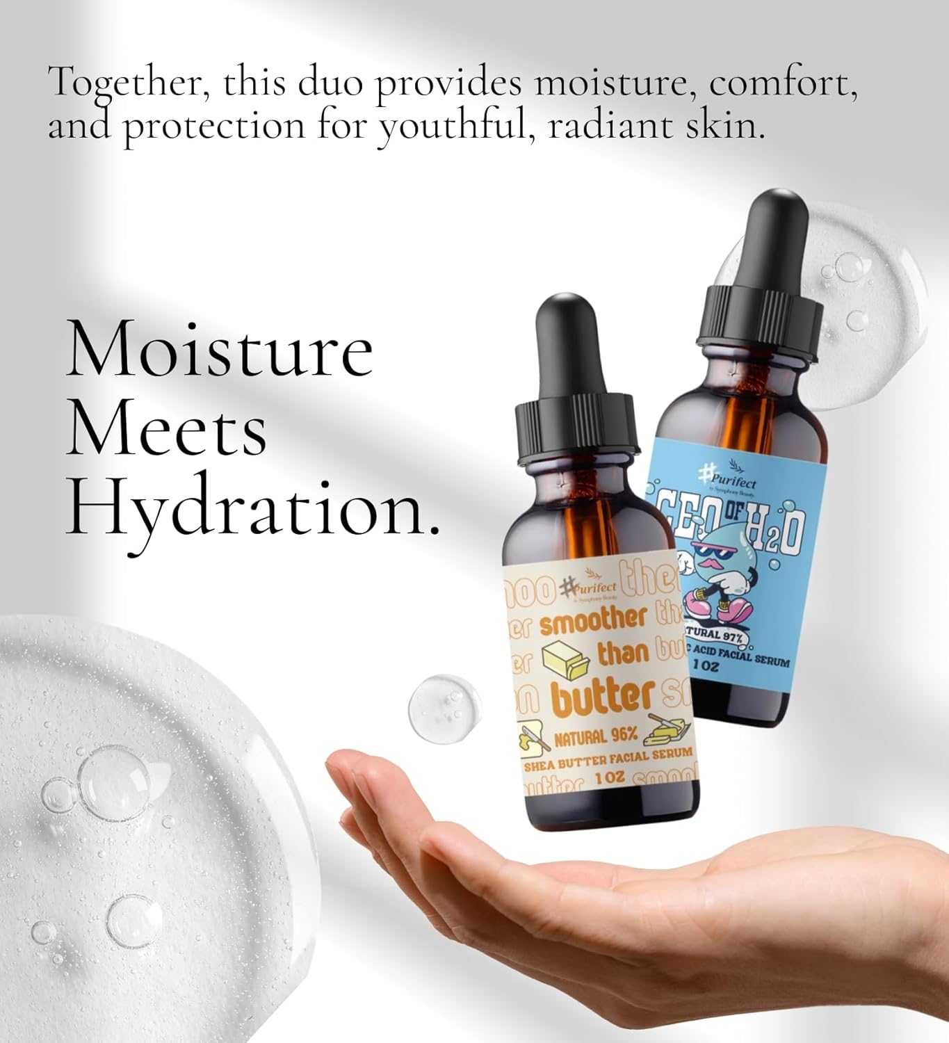 Purifect Smoother Than Butter Shea Butter Facial Serum Bundle with CEO of H2O Hyaluronic Acid Serum Face – 1 Fl Oz each by Symphony Beauty – Nourishes, Softens & Hydrates – Gift Set (2 Items)