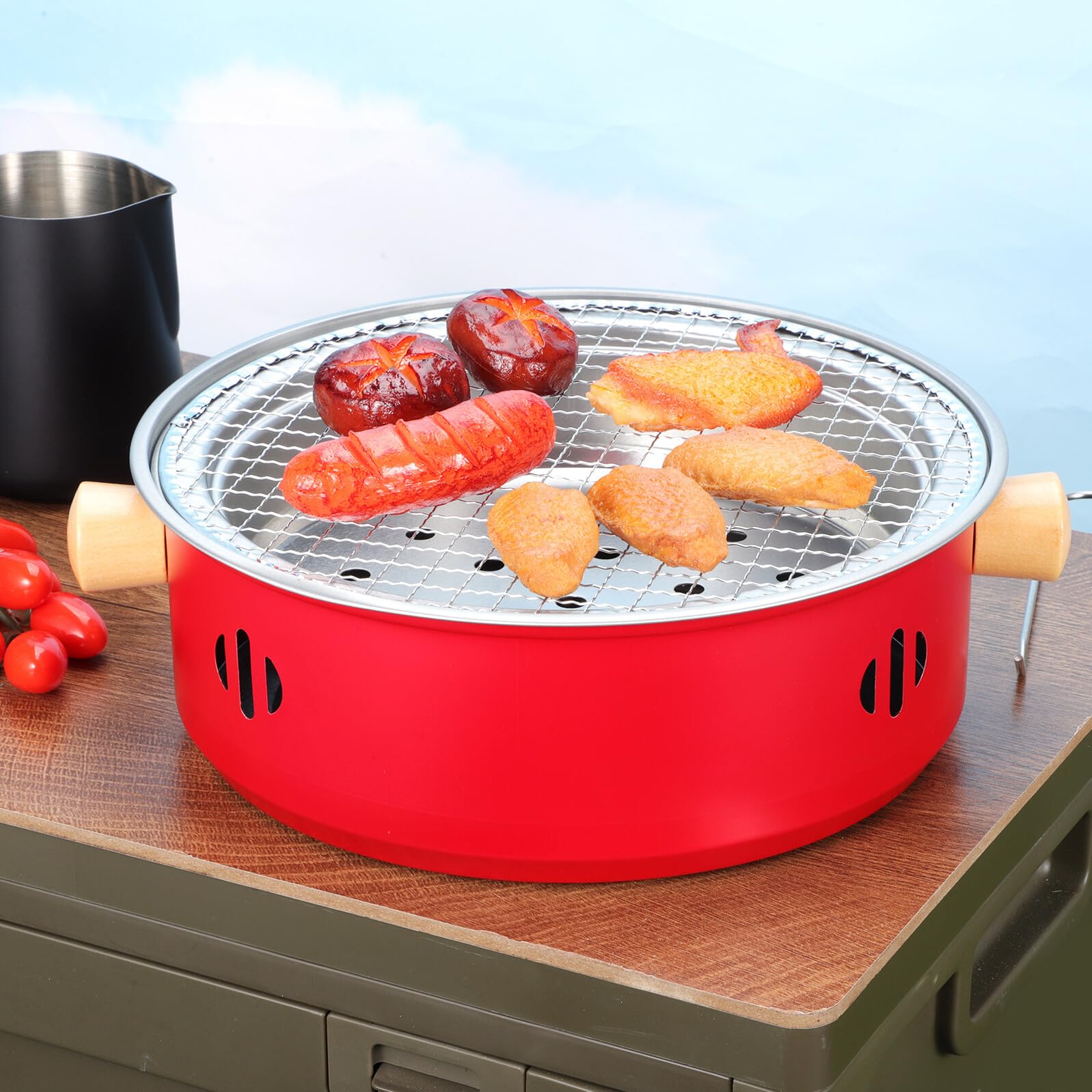 Barbecue Portatile a Carbone in Ferro Manici in Legno Mini Fornello da Tavolo per Esterni e Interni Set Compatto per Campeggio Picnic e Feste in Giardino Griglia Sollevabile e