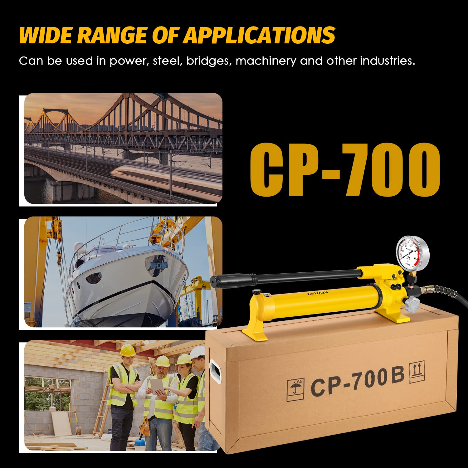 NEWTRY CP-700 Manual Hydraulic Hand Pump w/Oil Gauge Single Acting 9947psi for Separate Type Hydraulic Tool…