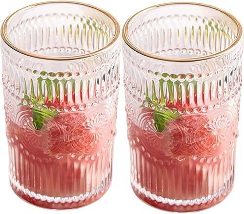 Miniatura 8 de Juego de 2 vasos vintage de 10 onzas para beber de cristal transparente, bonitas tazas de vidrio con girasol en relieve para café helado, té, jugo,