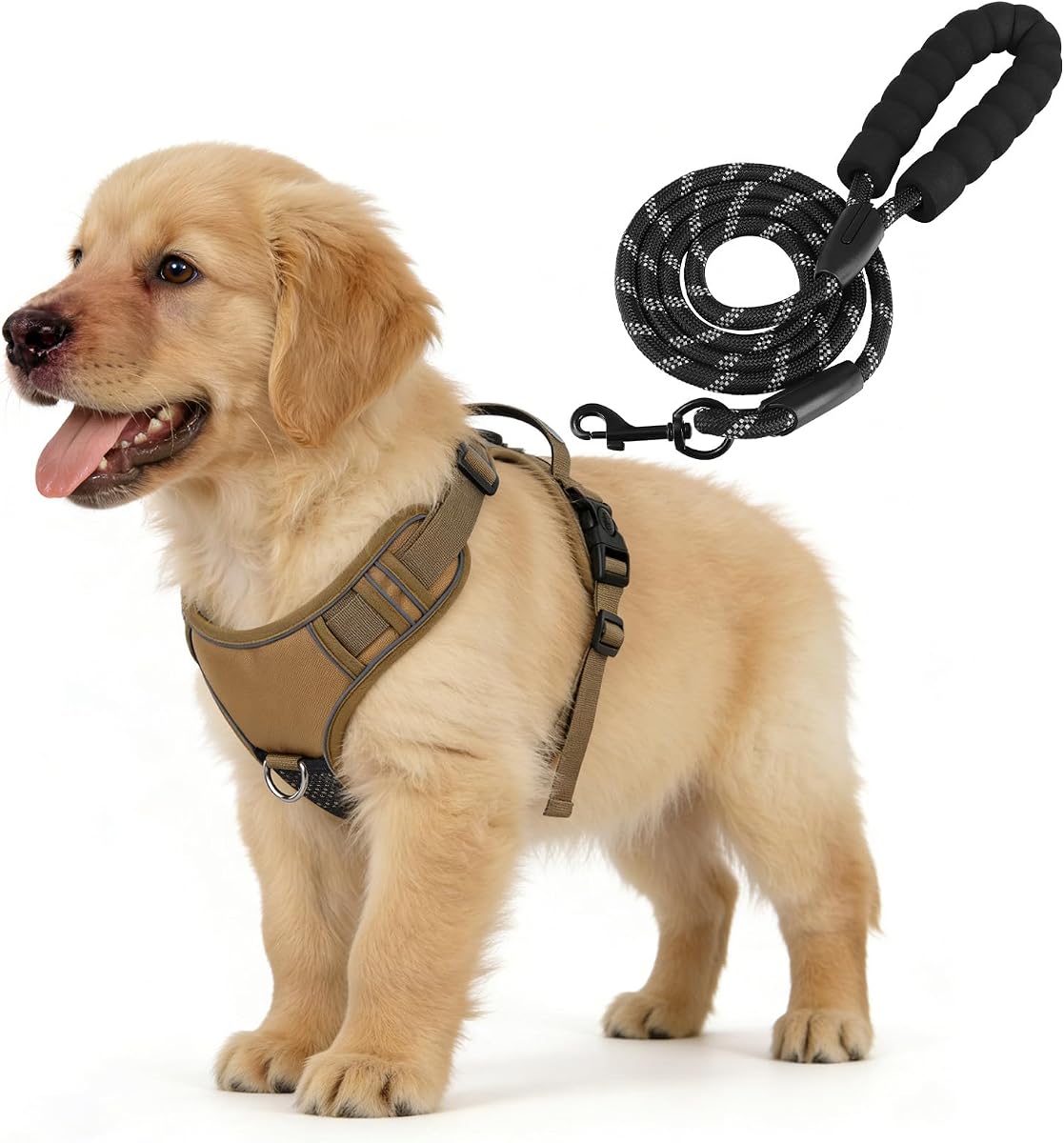 YooxArmor Juego de arnés y correa para perros tácticos sin tirones para perros pequeños, caqui | Arnés ajustable del chaleco del animal doméstico, control fácil reflexivo para el entrenamiento de caminata nocturna