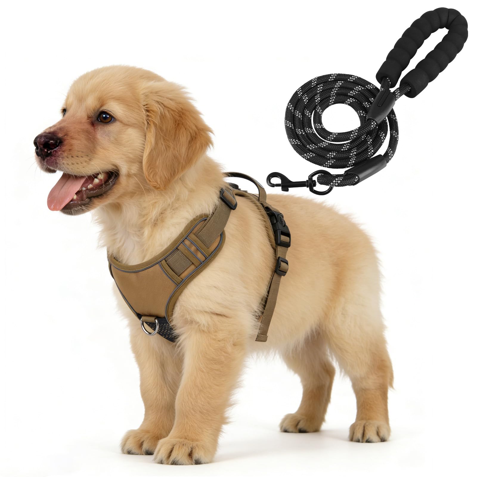 YooxArmor Dog Harness and Leash Set with Built-in Hidden AirTag Holder for Small Dog,No Pull Adjustable Pet Harness with Easy Control Handle for Training or Walking,Reflective No-Choke,S(Khaki)