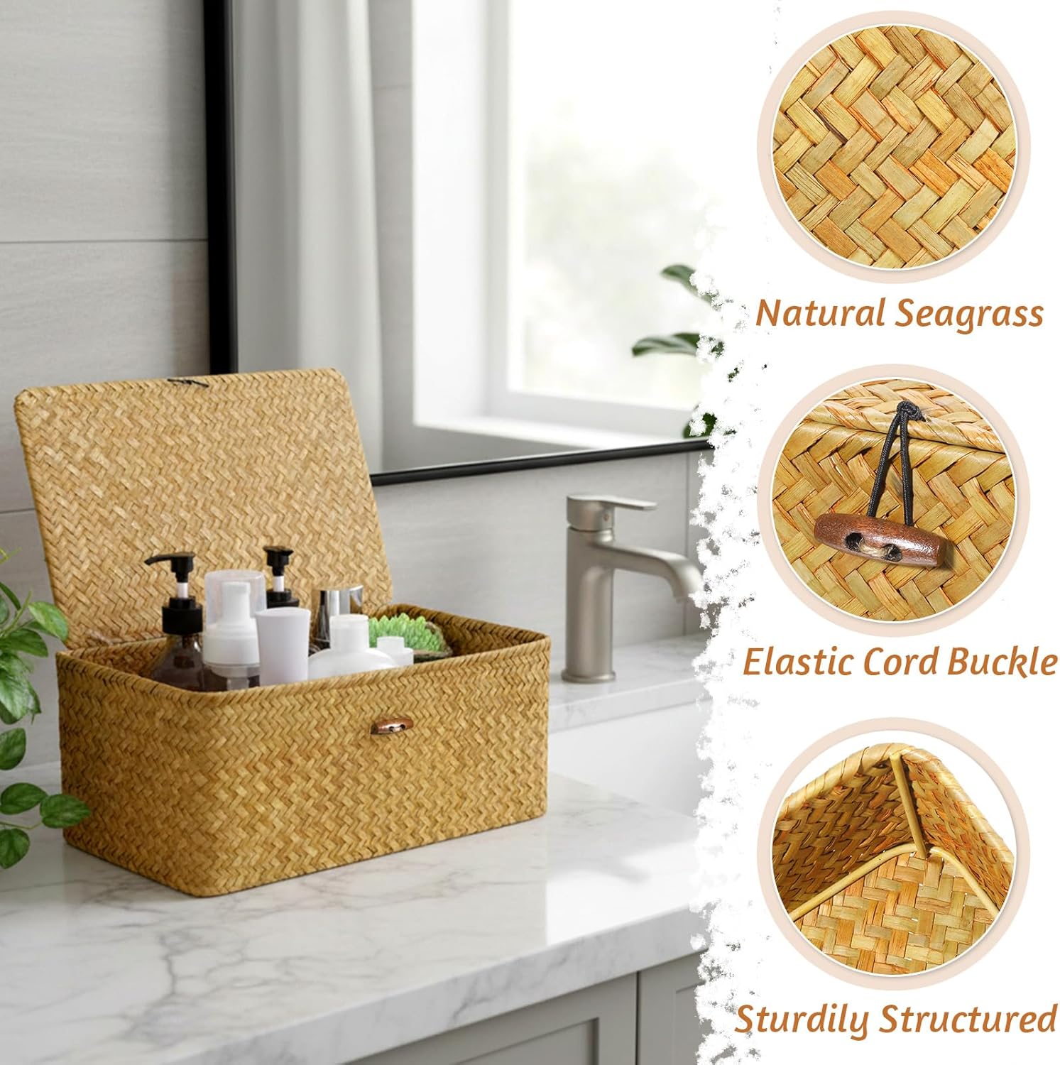 4 Set Wicker Storage Basket With Lid, 4 Size Handwoven Storage Bins Shelf Baskets Multipurpose Container for Home & Office Supplies