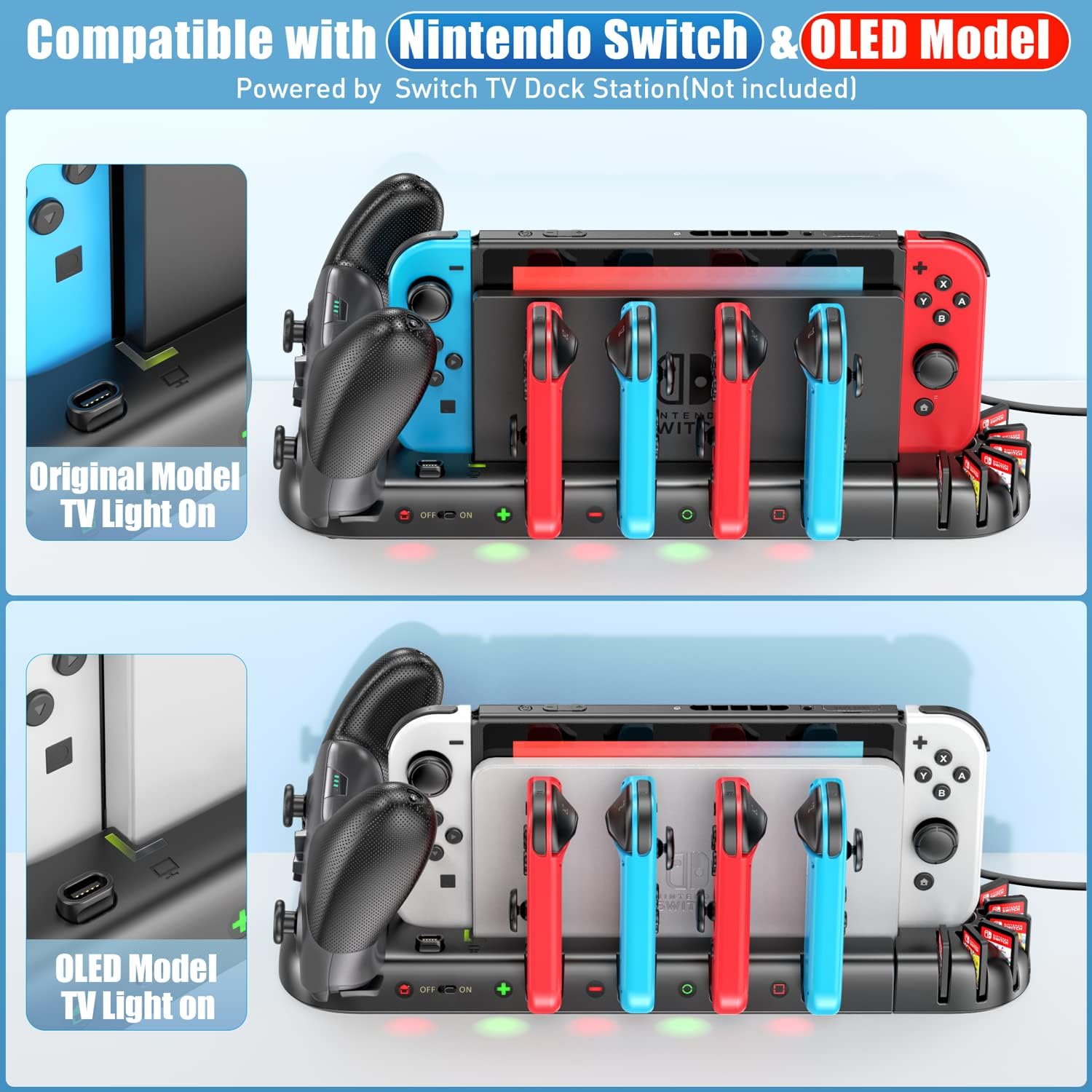 Switch Controller Charger for 6 Joy-Cons and Pro Controller, Switch Charger Dock with 2 Extended USB Ports, Switch Charging Stand Station with Detachable 8 Game Slots for Nintendo Switch & OLED Model
