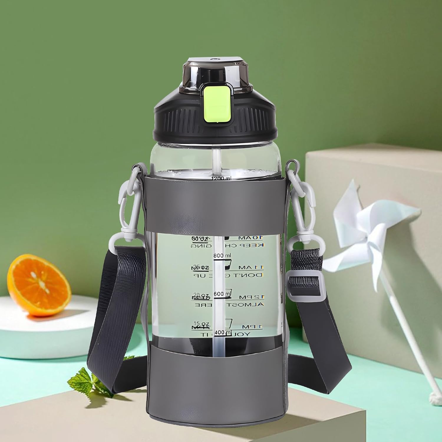 50 oz Glass Water Bottle with Time Markers and Carry Strap – 1.5L Borosilicate Motivational Jug with Straw Lid Sleeve for Gym Yoga Outdoor (Green)