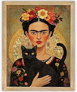 Frida Kahlo Inspired Painting of Frida & the Black Cat Portrait Painting 11x14 Framed Poster – Colorful Mexican Folk Art Female Portrait with Floral Headpiece, Surrealist & Feminist Wall Décor