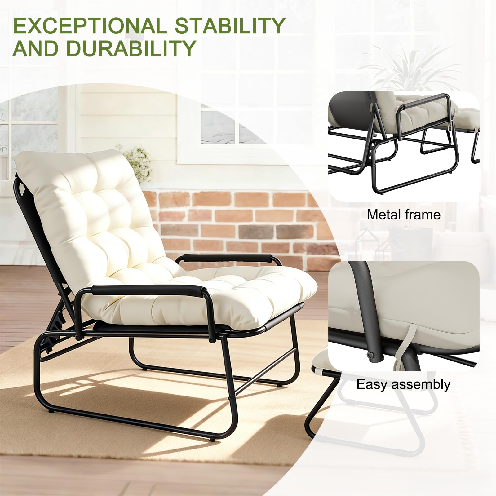 Sdraio da Balcone, Schienale Regolabile in 4 Posizioni, Poltrona Reclinabile con Poggiapiedi, Sdraio da Giardino con Cuscino Sfoderabile, Ideale per Balcone, Giardino e Soggiorno (Beige)