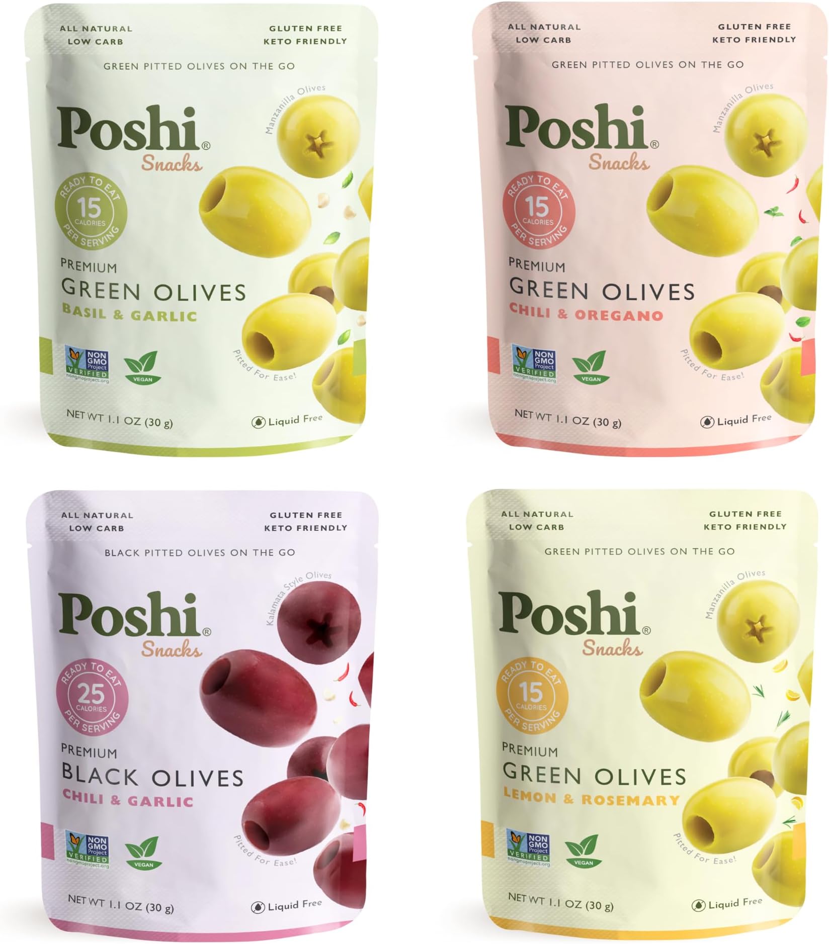 Poshi Natural Whole Pitted Olives | 24 Pack Variety | Basil & Garlic, Chili & Oregano, Chili + Garlic, Lemon & Rosemary | Vegan, Kosher, Gluten Free + Keto Friendly Healthy Snacks, 1.1 Oz (Pack of 24)