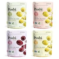 Vista 36 de Poshi Olives + Veggies Variedad de aceitunas enteras sin hueso de 4 sabores Poshi 4 sabores Vegano, Kosher, sin gluten + Snacks saludables