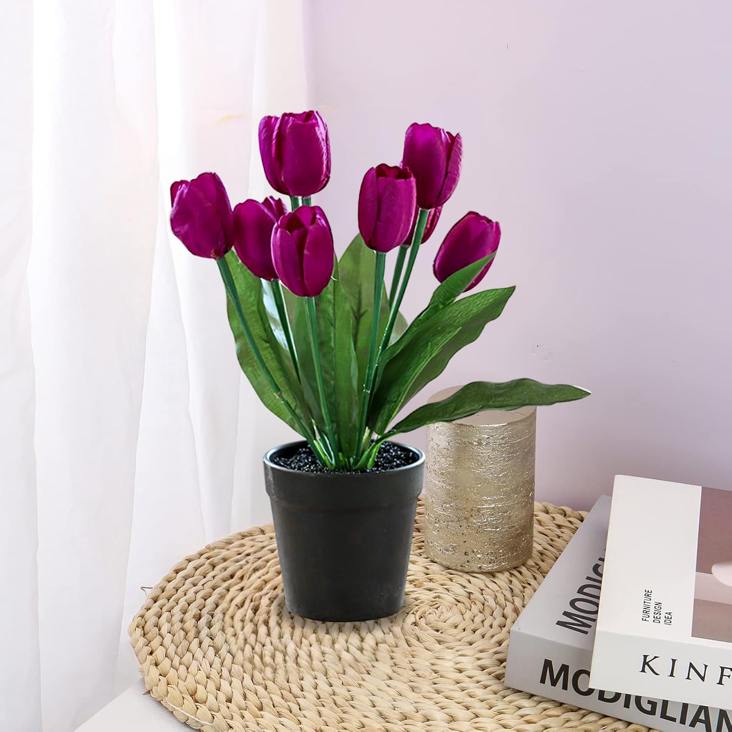 Ekhasa Nostrae Pink Tulip Artificial Flowers with Vase Pot for Home Decoration (27 CM Total Height, 8 Flower Heads) | Guldasta Flower Pots with Artificial Flower for Living Room, Bedroom, Office