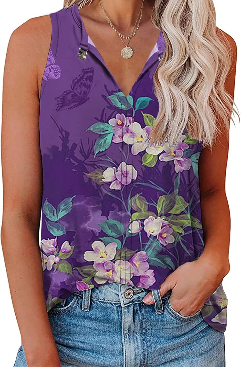 Soesdemo Tank Top for Women Keyhole V Neck Sleeveless Summer Casual Loose Fit Business Cute Floral Basic Shirt Blouse - Image 3