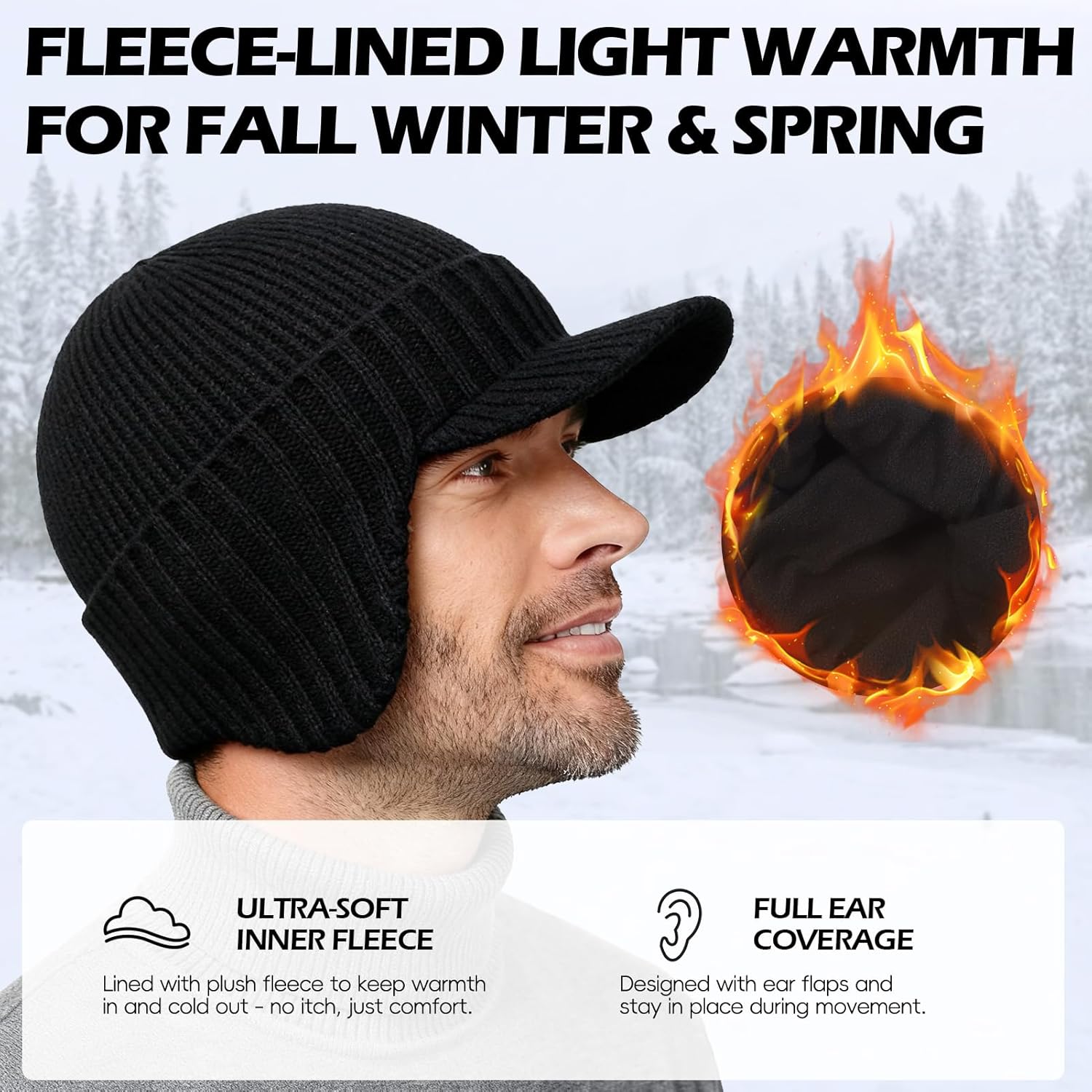 M/L/XL/XXL Waterproof Merino Wool Brim Beanie for Men with Ear Flap, Outdoor Warm Fleece Lined Knit Winter Hat for Big Heads - Image 2