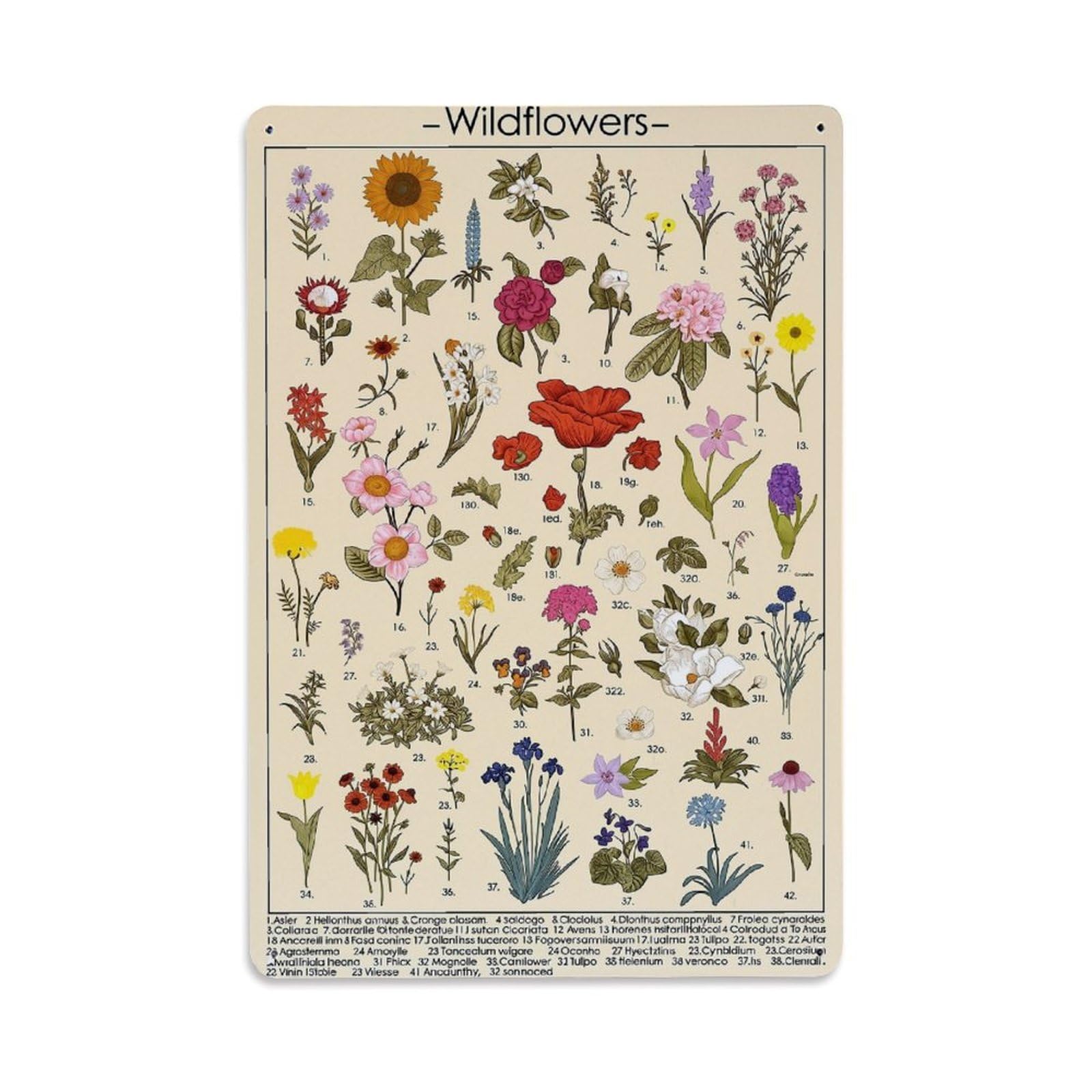 Wildflower Botanical Illustration Pattern Print Tin Sign Metal Poster Vintage Metal Signs for Home Man Cave Bar Cafe Kitchen laundry room Wall Decorations Gift 8x12Inch
