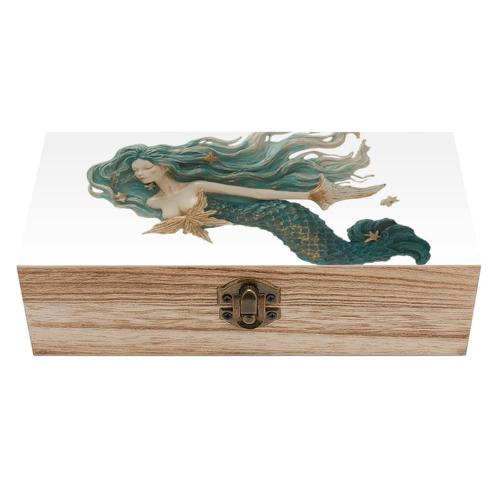 KLOPH Wooden Storage Box Art Mermaid Wood Gift Box with Hinged Lid Vintage Decorative Jewelry Boxes Memory Box for Jewelry Art Hobbies Home Storage Treasure Keepsake Gift 7.9''x3.9''x2.3''