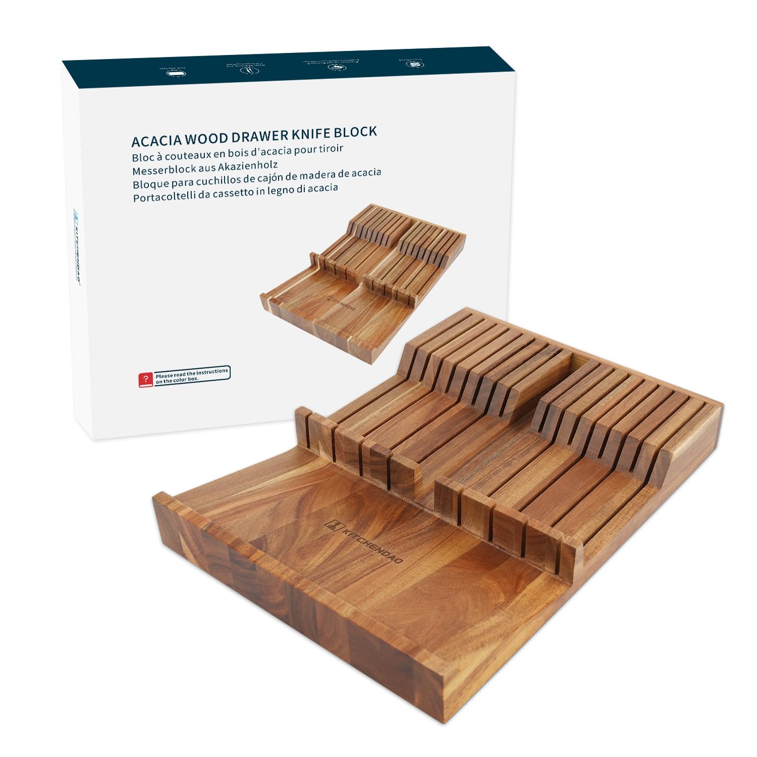 KITCHENDAO Acacia Wood In-Drawer Knife Block for 16 Knives &amp; Sharpening Rod