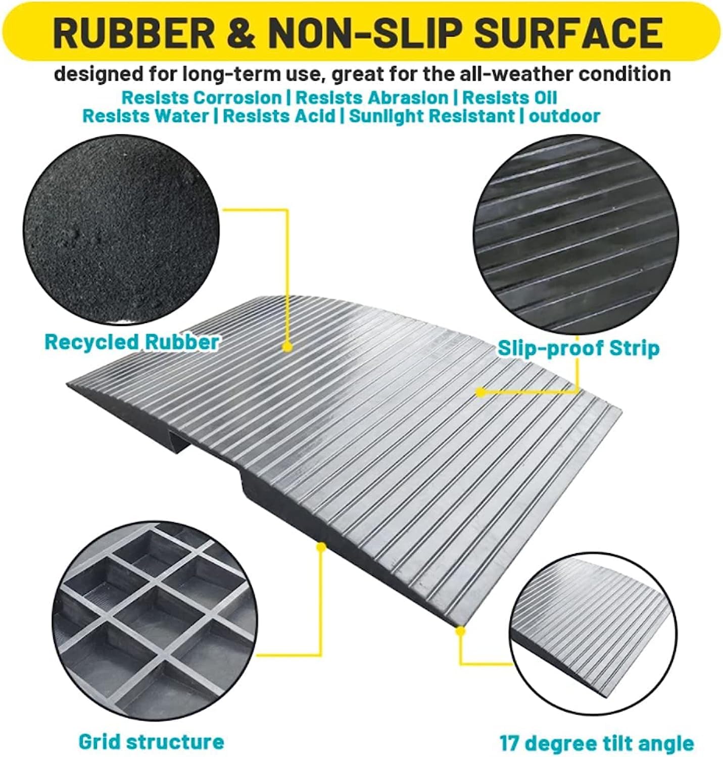 Rampa portátil de goma para sillas de ruedas para puertas, rampa de entrada antideslizante para 2-3 pulgadas, ideal para ducha, garaje, patio, hogar y cobertizo (50 x 86 x 5,8 cm)