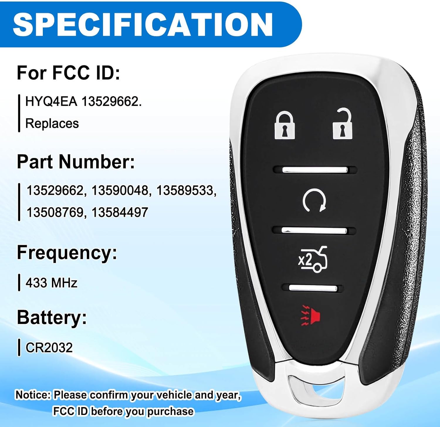 Car Key Fob for Chevy Malibu: Proximity Smart Keyless Entry Remote Control for Chevy Cruze Camaro 2016 2017 2018 2019 2020 2021, 433MHz ID46 Chip, 5 Button, HYQ4EA 13529662