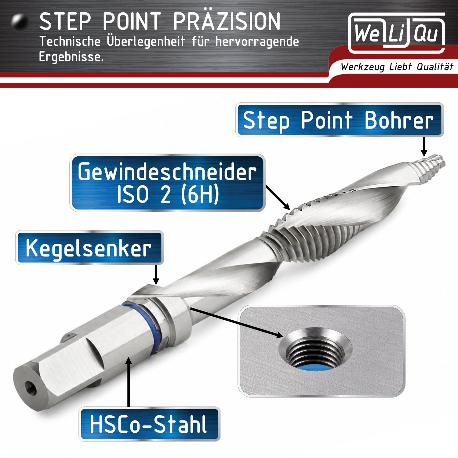 WeLiQu HSS-Co Step Point Kombi-Gewindebohrer Set 6-teilig M3 M4 M5 M6 M8 M10 - Bohrer, Gewindeschneider & Senker in Einem, für nahezu alle Werkstoffe, bis 2xD Materialstärke, ISO 2 (6H)