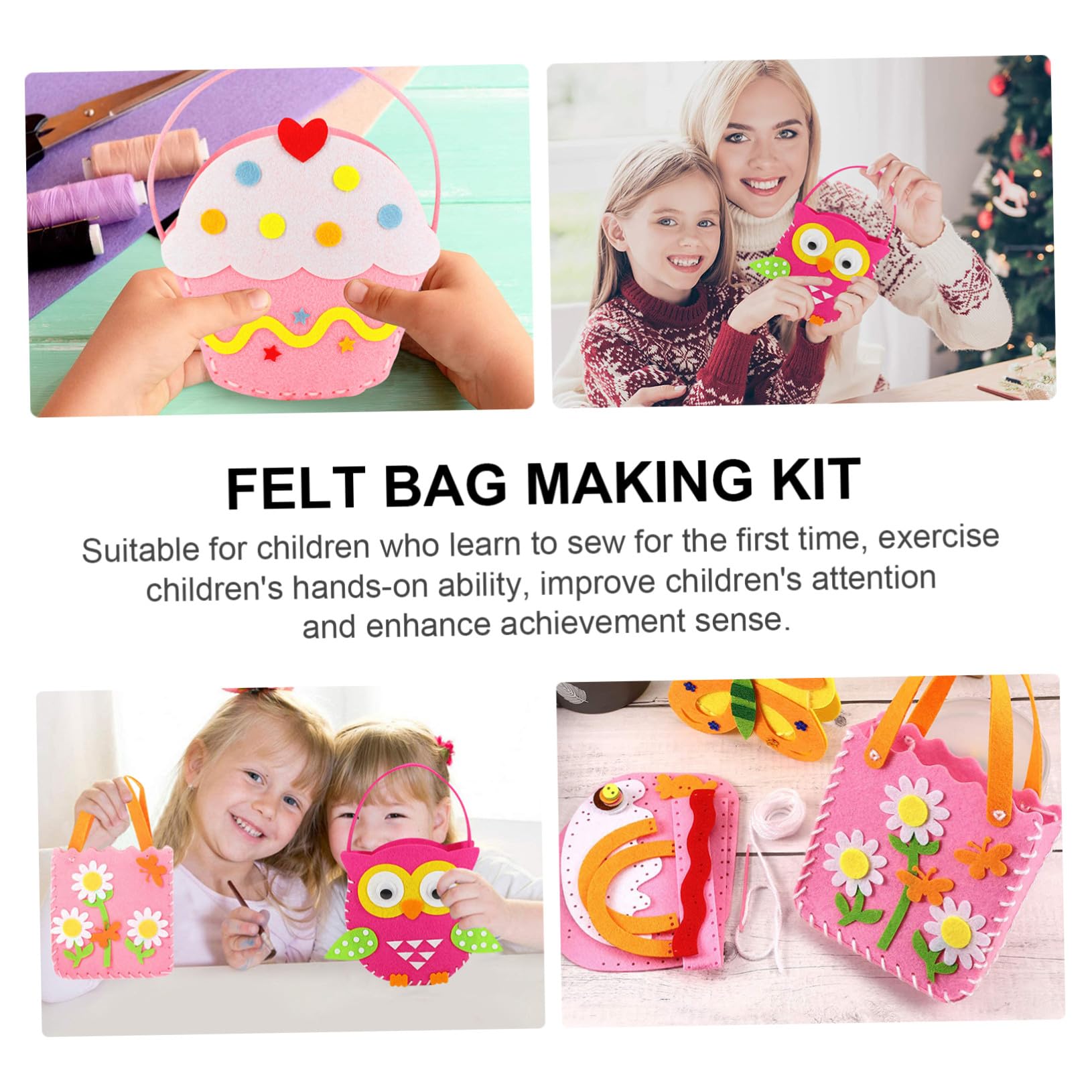 Uonlytech 5 set Kit Cucito Borse in Non Ecologico DIY Borsa Te con Motivi Colorati e Sicuri Attività Manuale per Ragazzi e Ragazze Facile e Divertente per Imparare Cucire