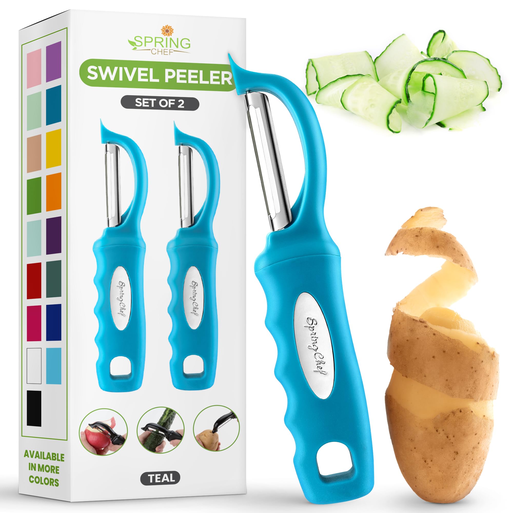 Spring Chef Swivel Vegetable Peeler with Soft Grip Handle, Set of 2, Teal