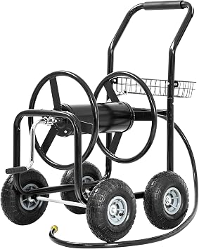 Hose Reel Hold Up To 300 Ft Heavy Duty Garden Hose Reel Sturdy Water Hose Reel Cart with 4 Wheels Storage Basket for Garden Lawn Yard Outdoor Black