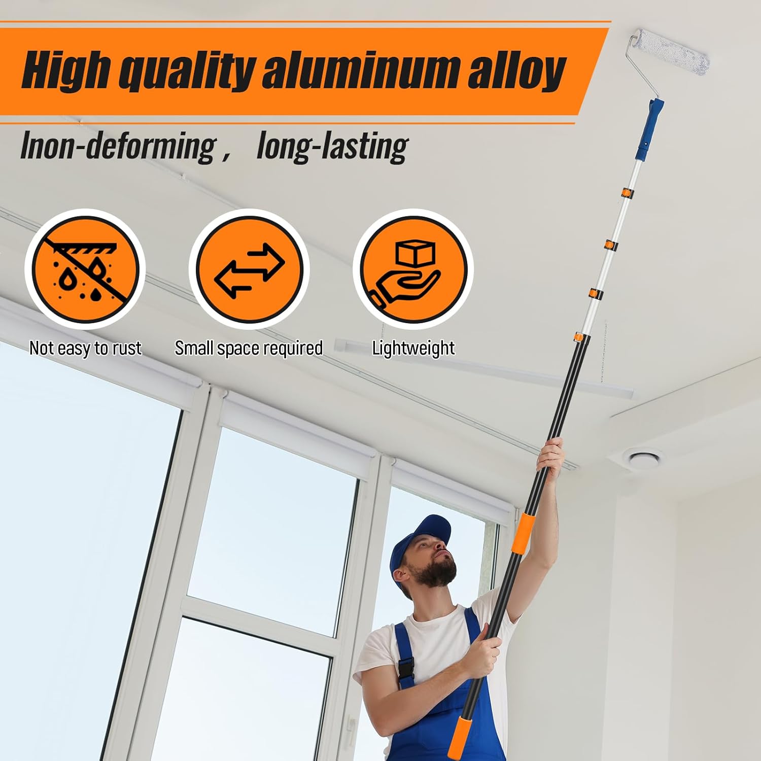 4.3-18 ft Telescopic Extension Pole with Utility Hook, Multi-Purpose Aluminum Pole for Painting, Dusting and New Year Window Cleaning Christmas Lights Installation Without a Ladder(Orange)