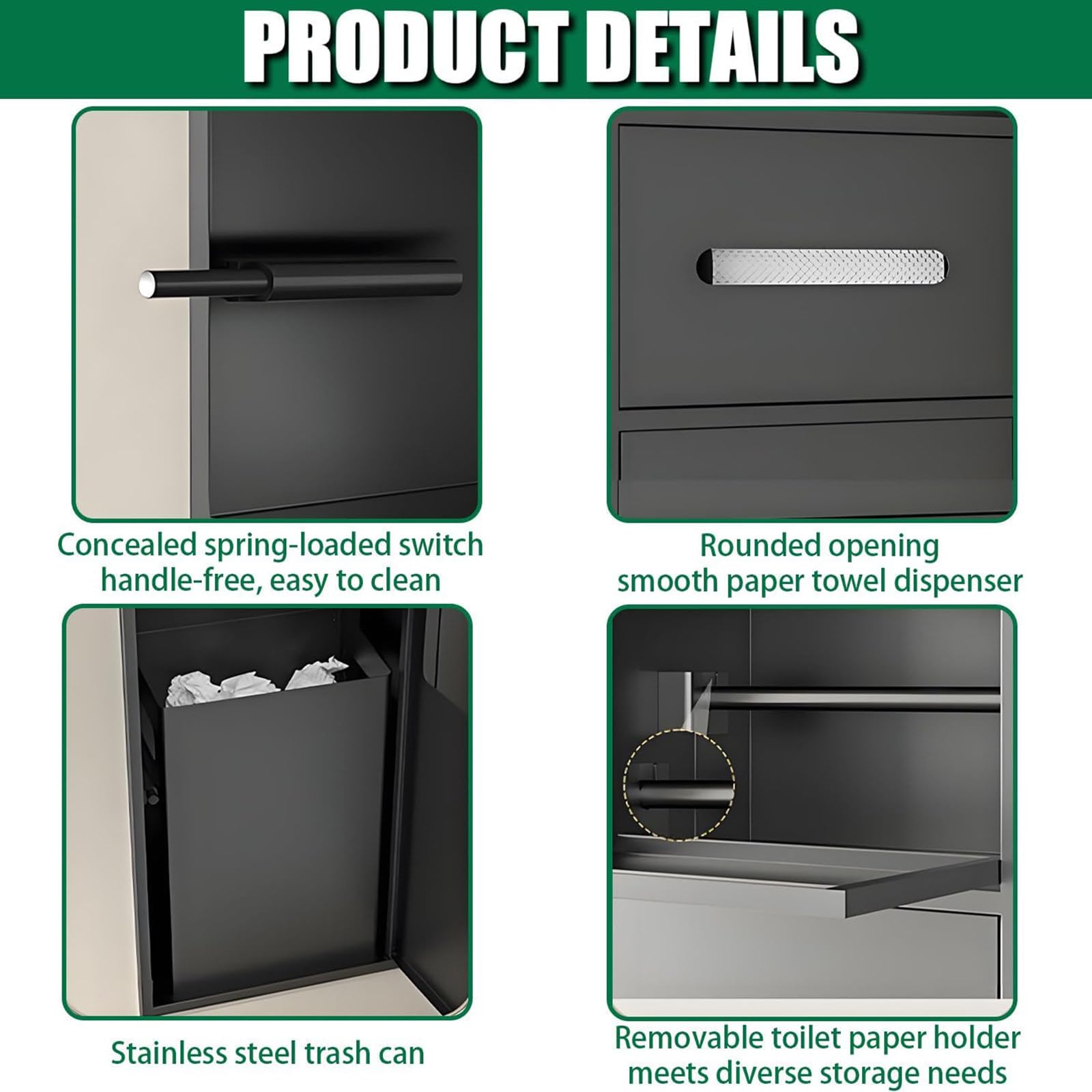 Dispensador de toallas de papel empotrado con cubo de basura y almacenamiento, dispensador de toallas de mano con gabinete de cepillo de inodoro para baño comercial de hotel, acero inoxidable