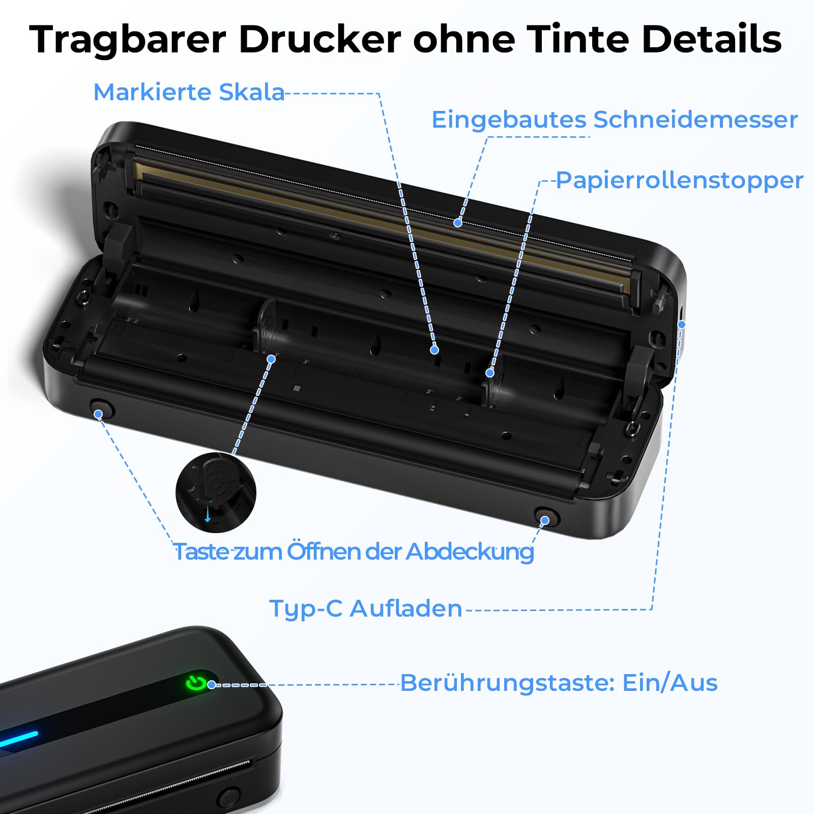 Mobiler Drucker A4 für Unterwegs, Tragbarer Drucker Thermodrucker A4 Wireless Bluetooth Inkless Handy Printer, 300dpi Portable Kompakt Reisedrucker für Android/iOS/Win/Mac Laptop