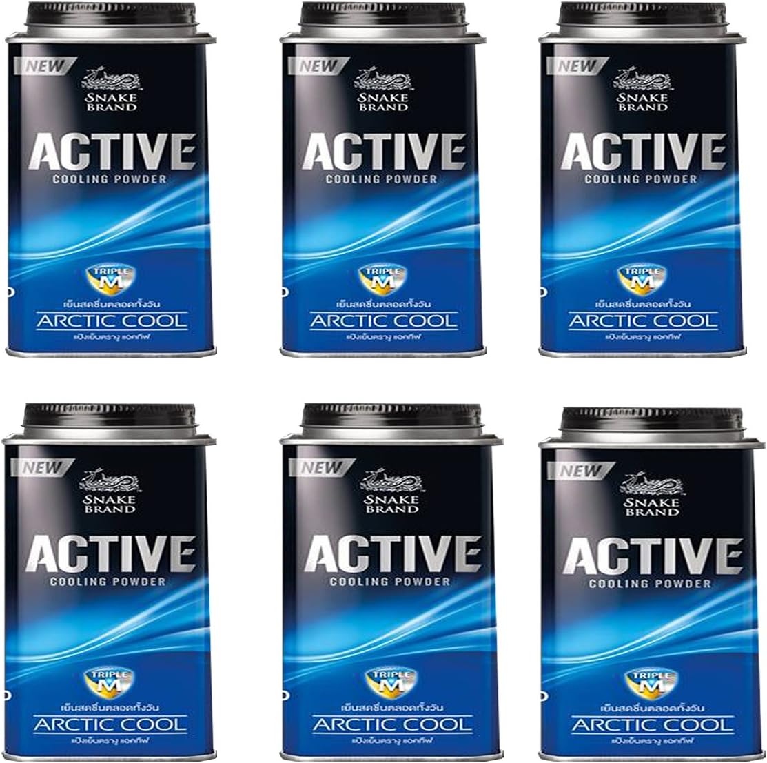 Pack 6s Prickly Heat Powder Snake Brand Active Cooling Powder Arctic Cool 100 Grams