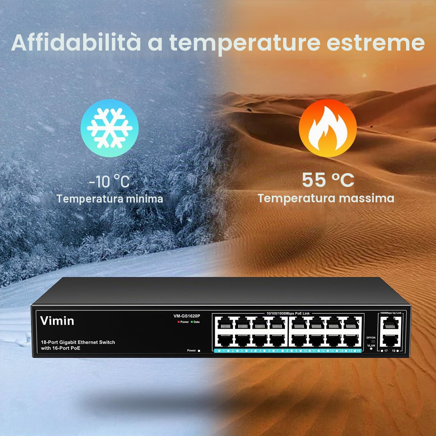 VIMIN Switch Poe Gigabit a 16 Porte con 2 Porta di Collegamento Gigabit, Switch Ethernet Poe Non Gestito a 18 Porte con Alimentazione di 250W, Supporto IEEE802.3af/at, VLAN, Involucro in Metallo