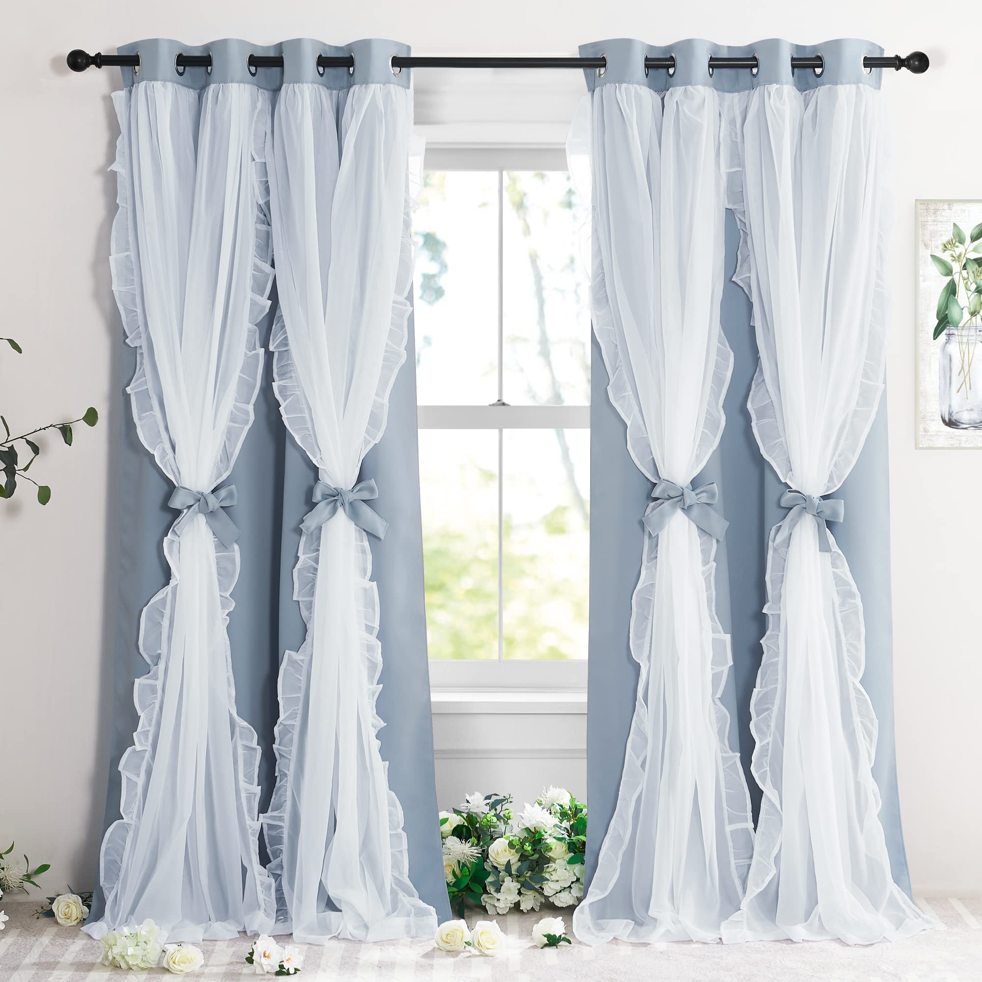 Rideaux à Volants Double Couche pour un Salon Esprit Maison de Campagne Bleu